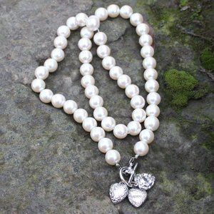 Classy Pearl Necklace Silver Puffy Heart Charms